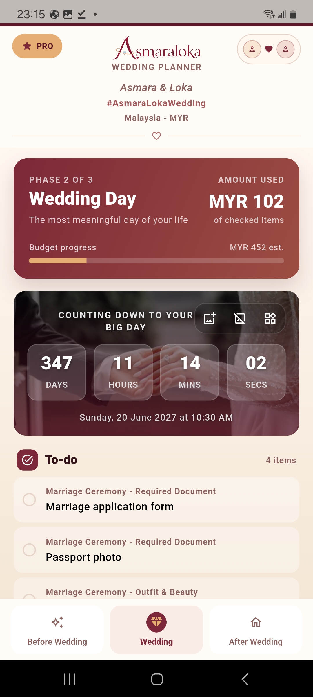 Asmaraloka wedding planner main screen