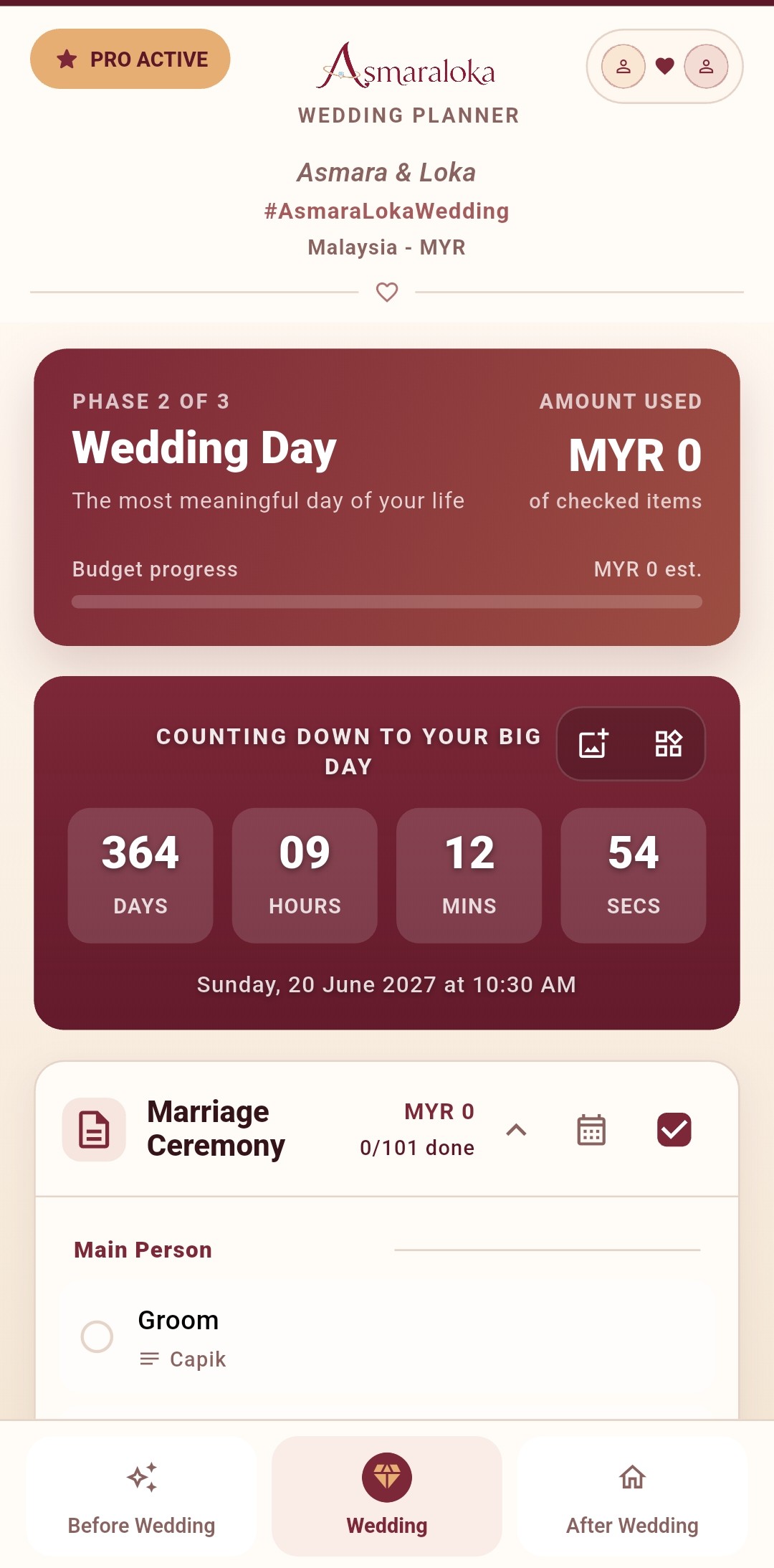 Asmaraloka wedding day dashboard screenshot